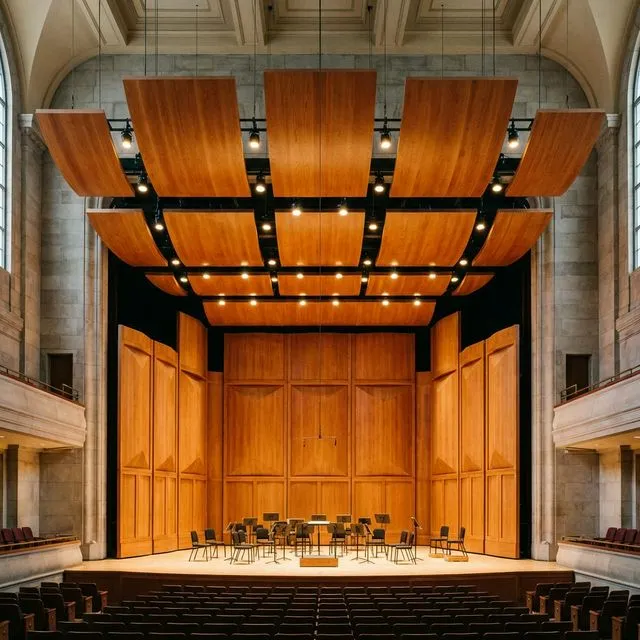 Conchas acústicas móviles y plafones en escenario de conciertos